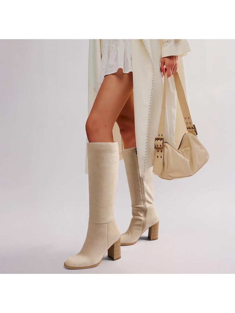 Women's Beige Round Toe Side Zip Chunky Heel Fashion Tall Knee High Casual Boot - Picture 2 of 6